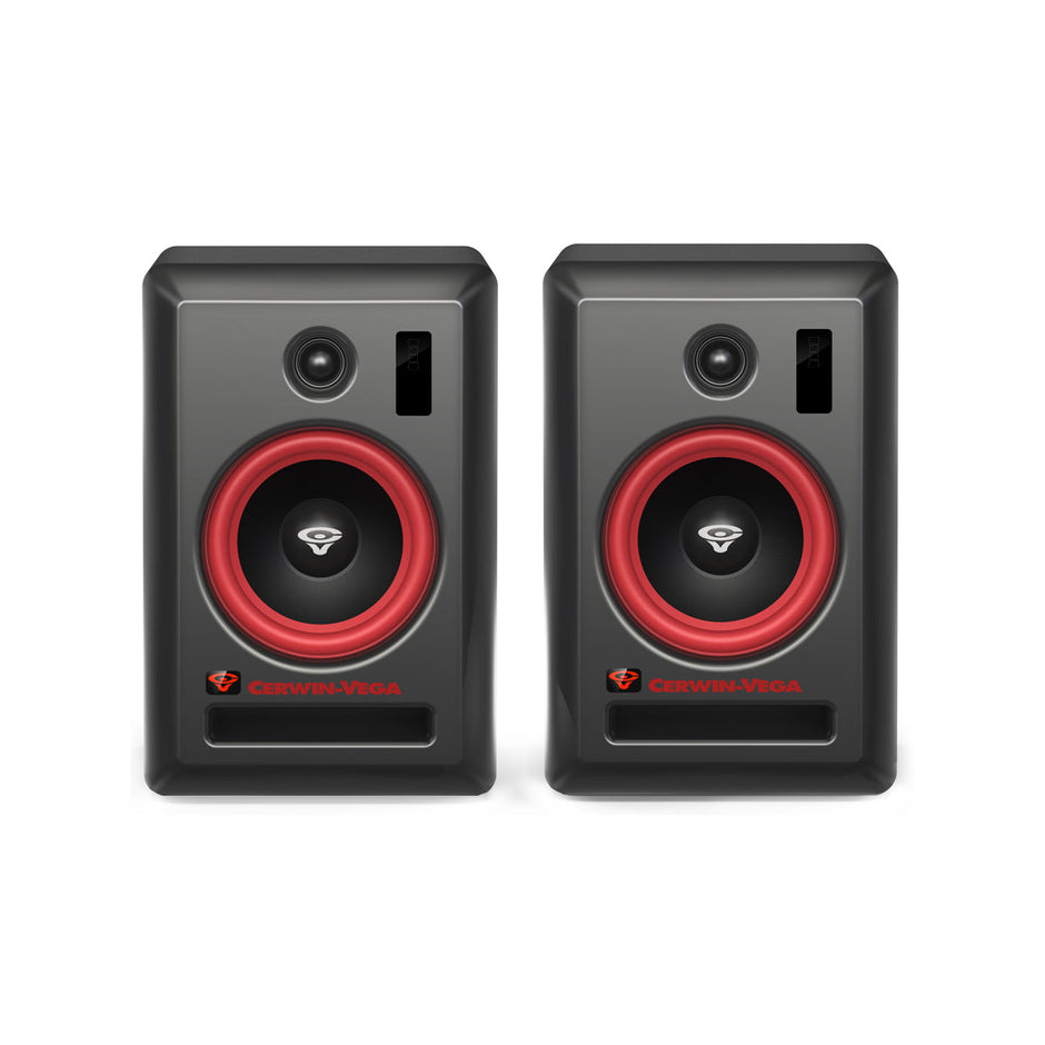 The VEGA6SB-PR 6” 2-Way Studio Monitor Pair (Hub/Sat) features sleek black monitors with red accents around the speaker cones, Cerwin-Vega logos at the bottom, and rectangular ports beneath. They offer Bluetooth 5.0, Digital Signal Processing, and a modern glossy finish.