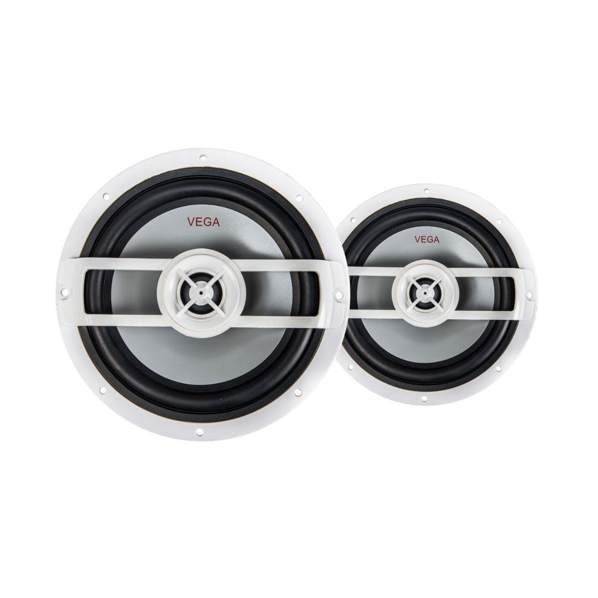 Two RPM Vega Marine Speakers of different sizes, featuring white frames and gray cones. 