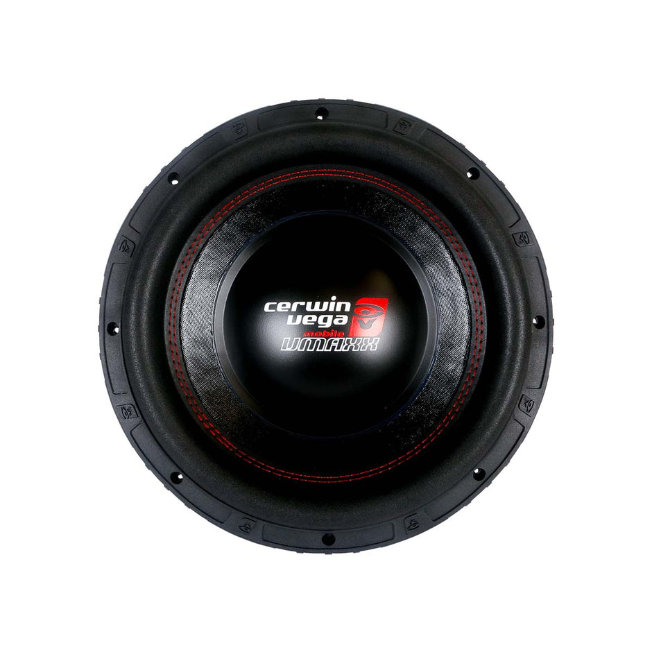 The VMAXX 15" DVC High-Performance Subwoofer (2Ω) - VMAX15D2 features a round design with a black outer casing, red accents, and the Cerwin Vega logo on its center cone. Its textured edge enhances durability and sound performance, ideal for car audio enthusiasts.