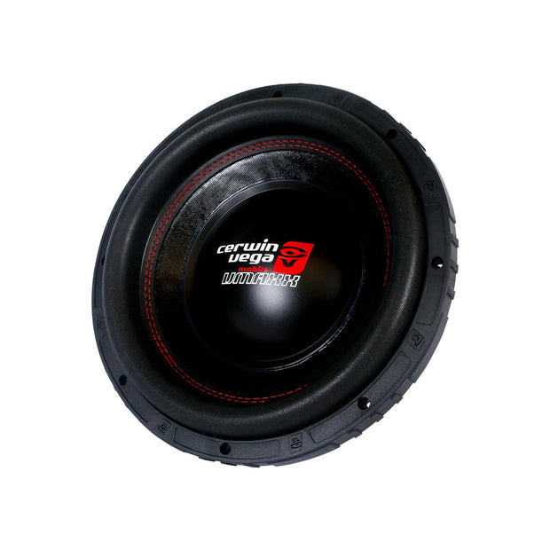Close-up of the VMAXX 15" DVC High-Performance Subwoofer (2Ω) - VMAX15D2 with a circular design. The center features the "Cerwin Vega" logo in white and a red icon, with "INTENSE!" below. Embossed symbols on the outer ring and red stitching add depth and texture, perfect for car audio enthusiasts.