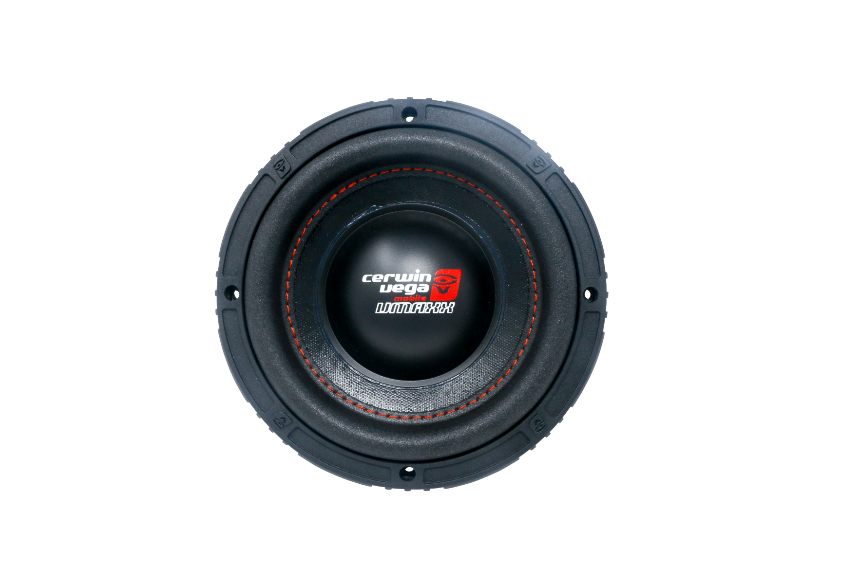 The VMAXX High Performance Subwoofer features a circular black cone with red stitching, displaying the Cerwin Vega logo and 