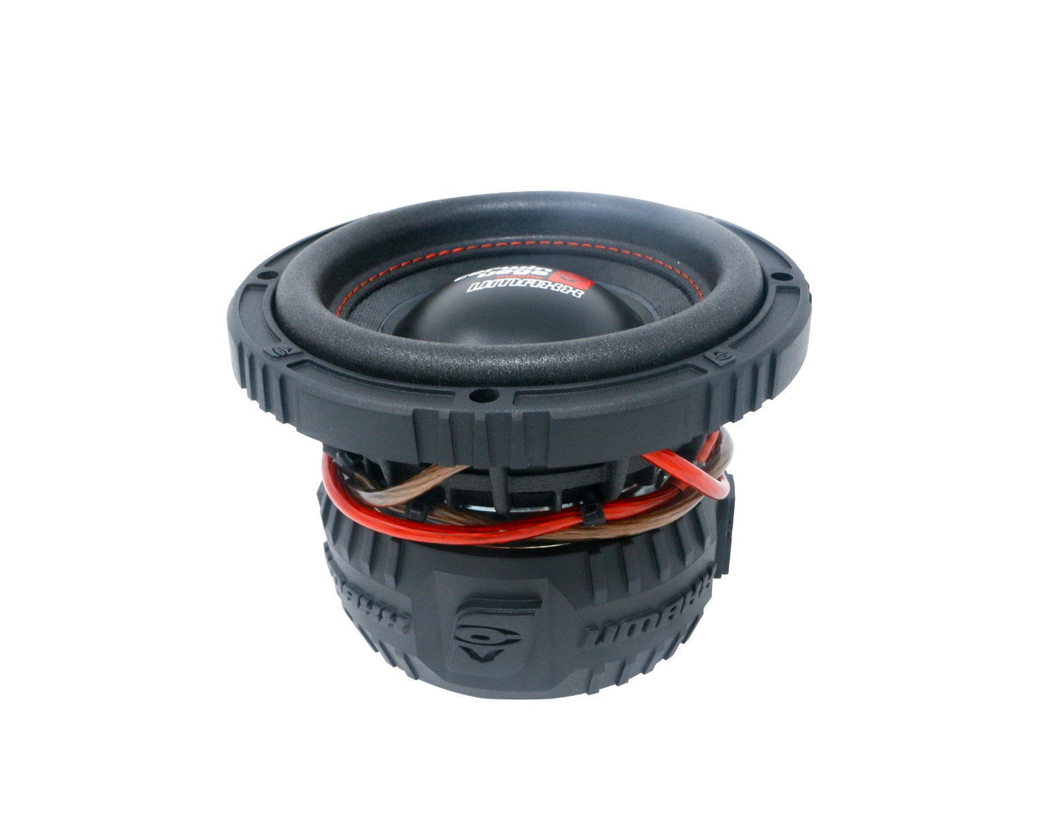 The VMAXX High Performance Subwoofer boasts a rugged black and gray textured exterior with coiled red wires around the middle. Its top features an indented circular speaker cone with a small, colorful logo at the center, emphasizing durability and power.