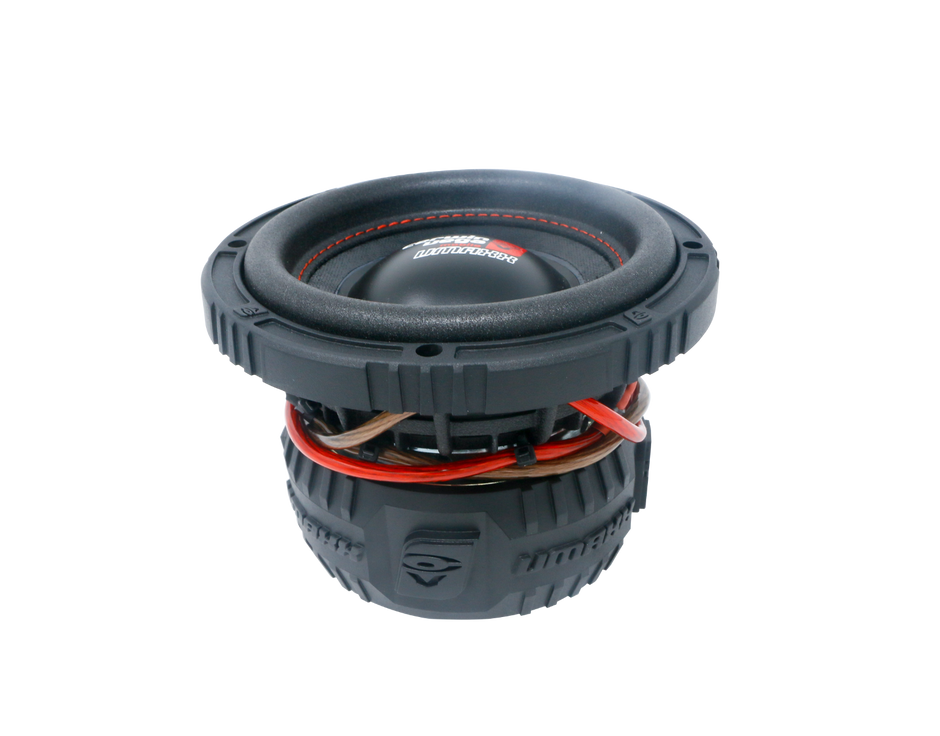 The VMAXX High Performance Subwoofer boasts a rugged black and gray textured exterior with coiled red wires around the middle. Its top features an indented circular speaker cone with a small, colorful logo at the center, emphasizing durability and power.
