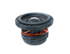 The VMAXX High Performance Subwoofer boasts a rugged black and gray textured exterior with coiled red wires around the middle. Its top features an indented circular speaker cone with a small, colorful logo at the center, emphasizing durability and power.
