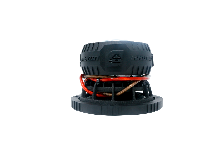 The VMAXX High Performance Subwoofer is a black, cylindrical audio component with a textured surface and a logo on top. Red and copper wires coil around its base with evenly spaced notches, all set against a plain white background.