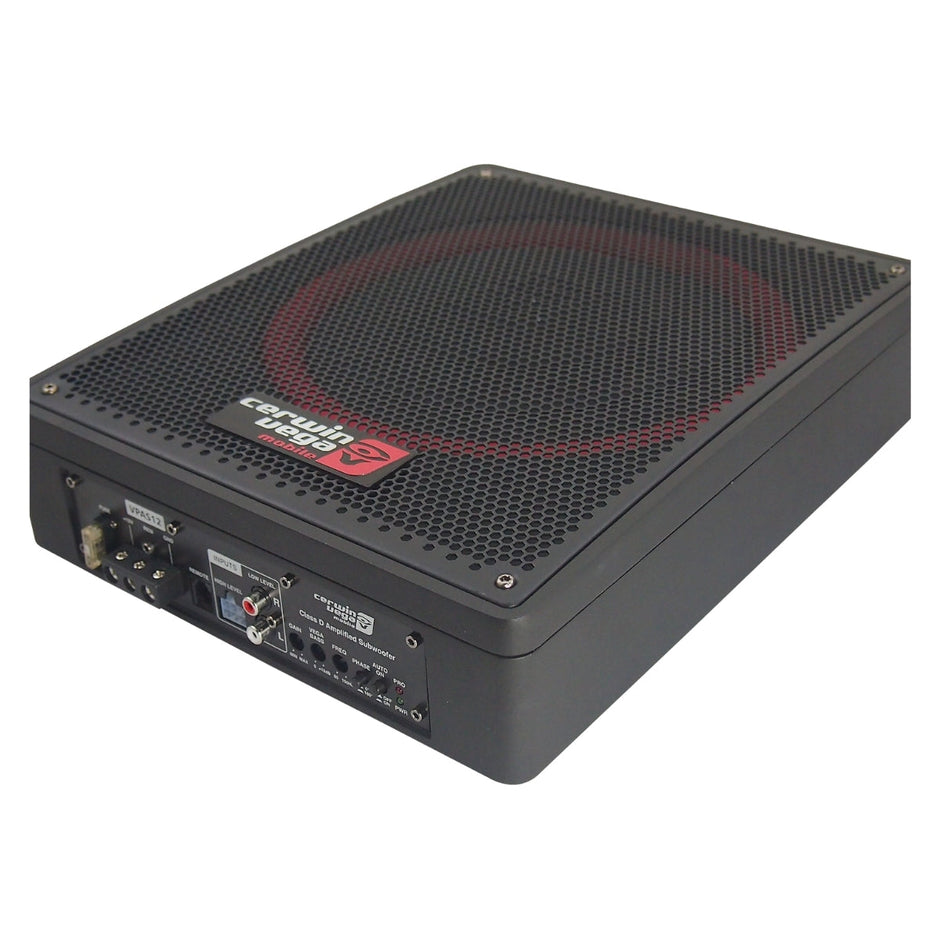 The VEGA Active Subwoofer features a black, rectangular design with a perforated metal cover and red circle on top. The side includes input ports, control switches, and a volume dial, while the top displays a logo with red and white text.
