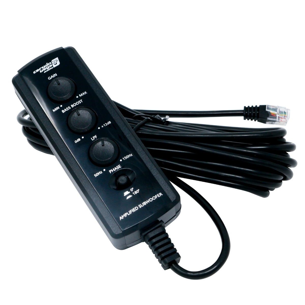 The Spare Tire Subwoofer features a black remote control with labeled buttons for Gain, Bass Boost, and LFE, along with a phase adjustment rotary dial. It includes a 10ft cable with an RJ-45 connector neatly coiled beside the device.