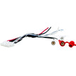 A cluster of multicolored wires features a white rectangular connector on one end and red and white circular connectors on the other, set against a plain white background. These elements belong to the Spare Tire Subwoofer.