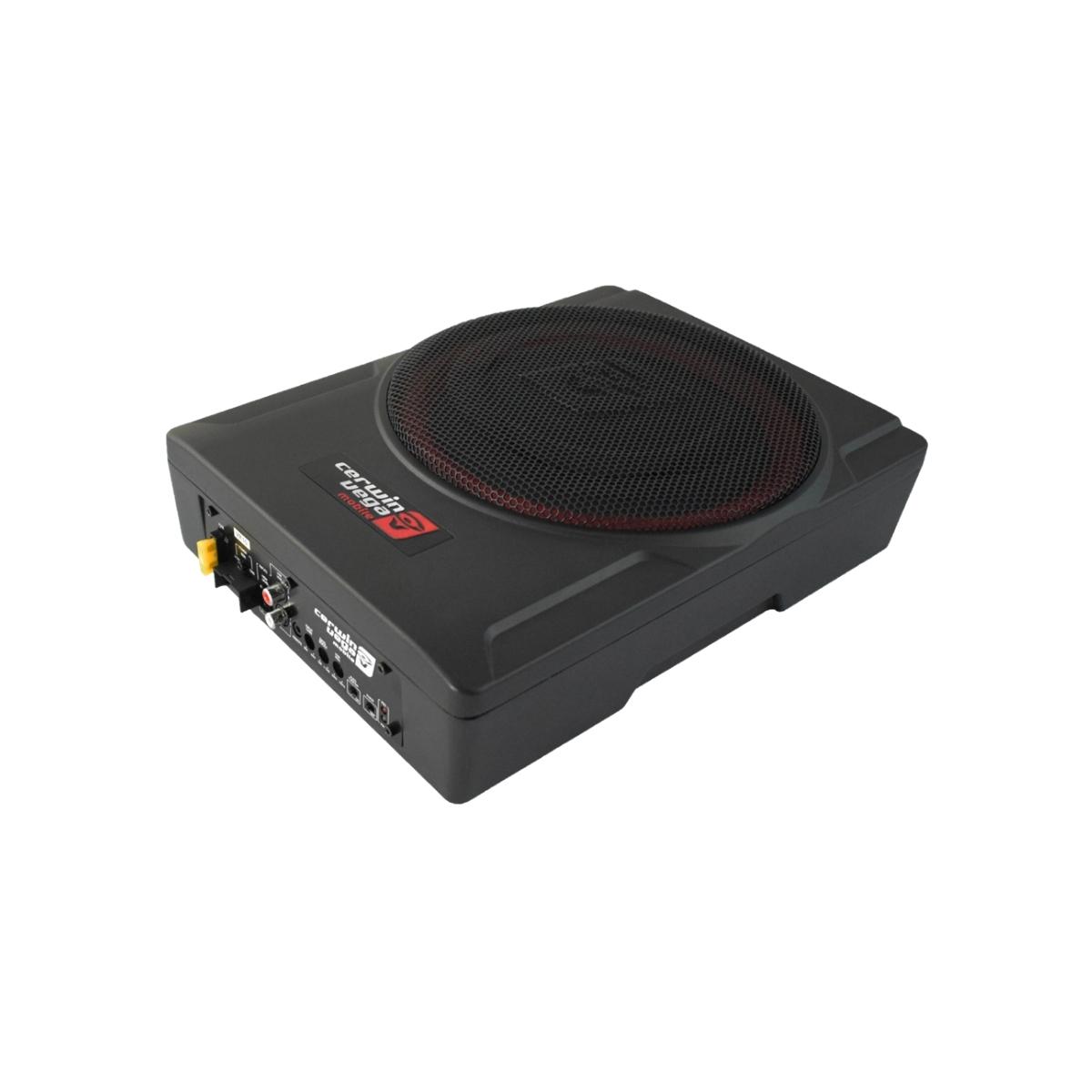 The VEGA Active Subwoofer is a compact black car subwoofer with a circular mesh grille and a red and white logo on the top left. Its side panel includes multiple connectors and adjustment knobs for audio input, complemented by a sleek design with angular edges.