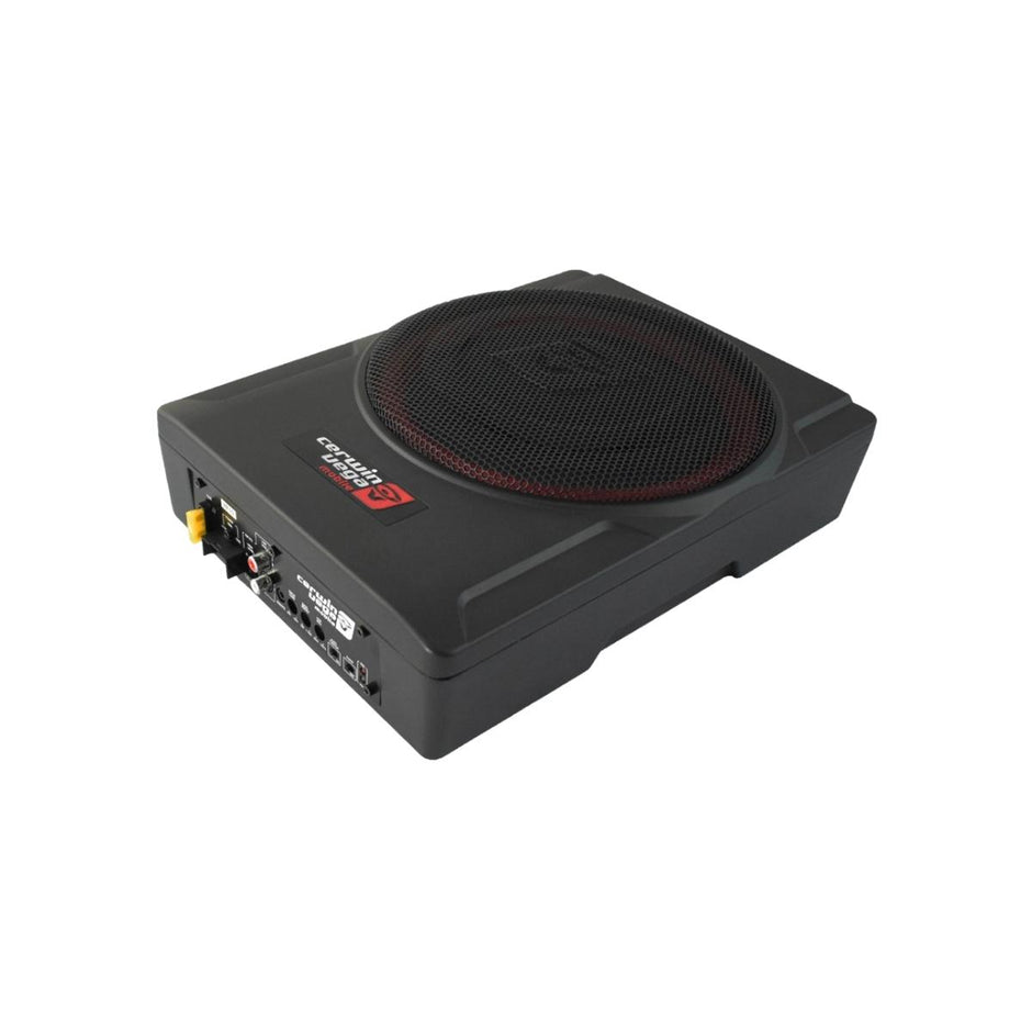 The VEGA Active Subwoofer is a compact black car subwoofer with a circular mesh grille and a red and white logo on the top left. Its side panel includes multiple connectors and adjustment knobs for audio input, complemented by a sleek design with angular edges.