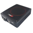 The image depicts the VEGA Active Subwoofer, a sleek, rectangular black compact car subwoofer with a labeled top surface featuring red accents. It also includes a vented grille, control knobs and ports on the side, adjustment dials, and a logo on top.
