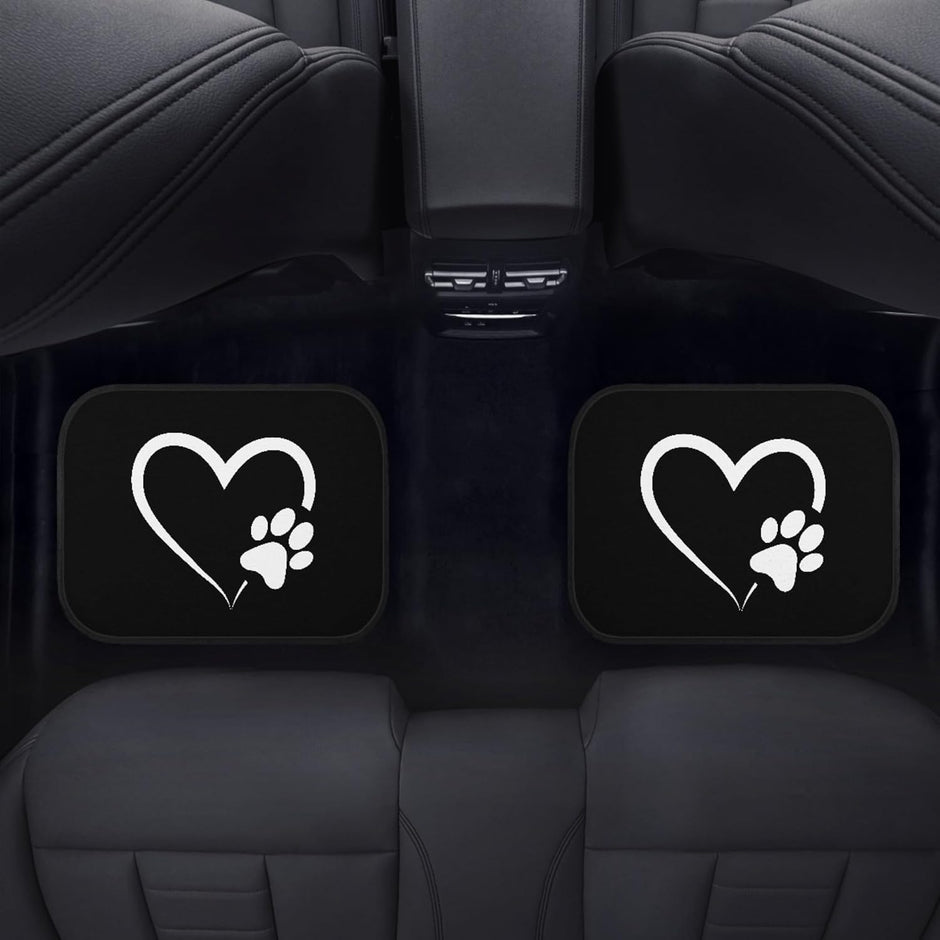 Dog Paw Heart White Car Floor Mats Set of 4 – Universal Fit Front & Rear Seat Mats with Heavy Duty Rubber Backing, Non-Slip Decorative Interior Accessories for Cars, SUVs & Trucks
