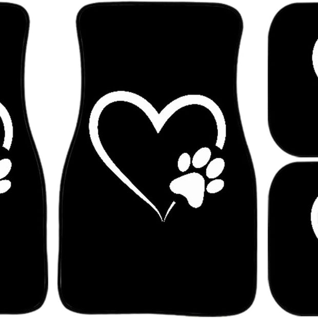 Dog Paw Heart White Car Floor Mats Set of 4 – Universal Fit Front & Rear Seat Mats with Heavy Duty Rubber Backing, Non-Slip Decorative Interior Accessories for Cars, SUVs & Trucks