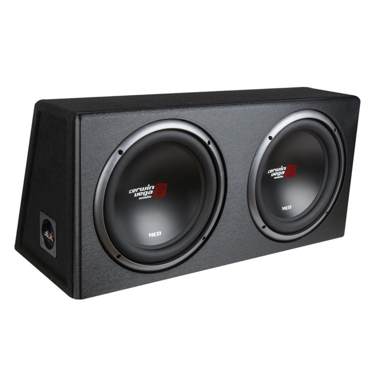 The XED Subwoofer Enclosures feature dual subwoofers in a black, rectangular box with a visible 