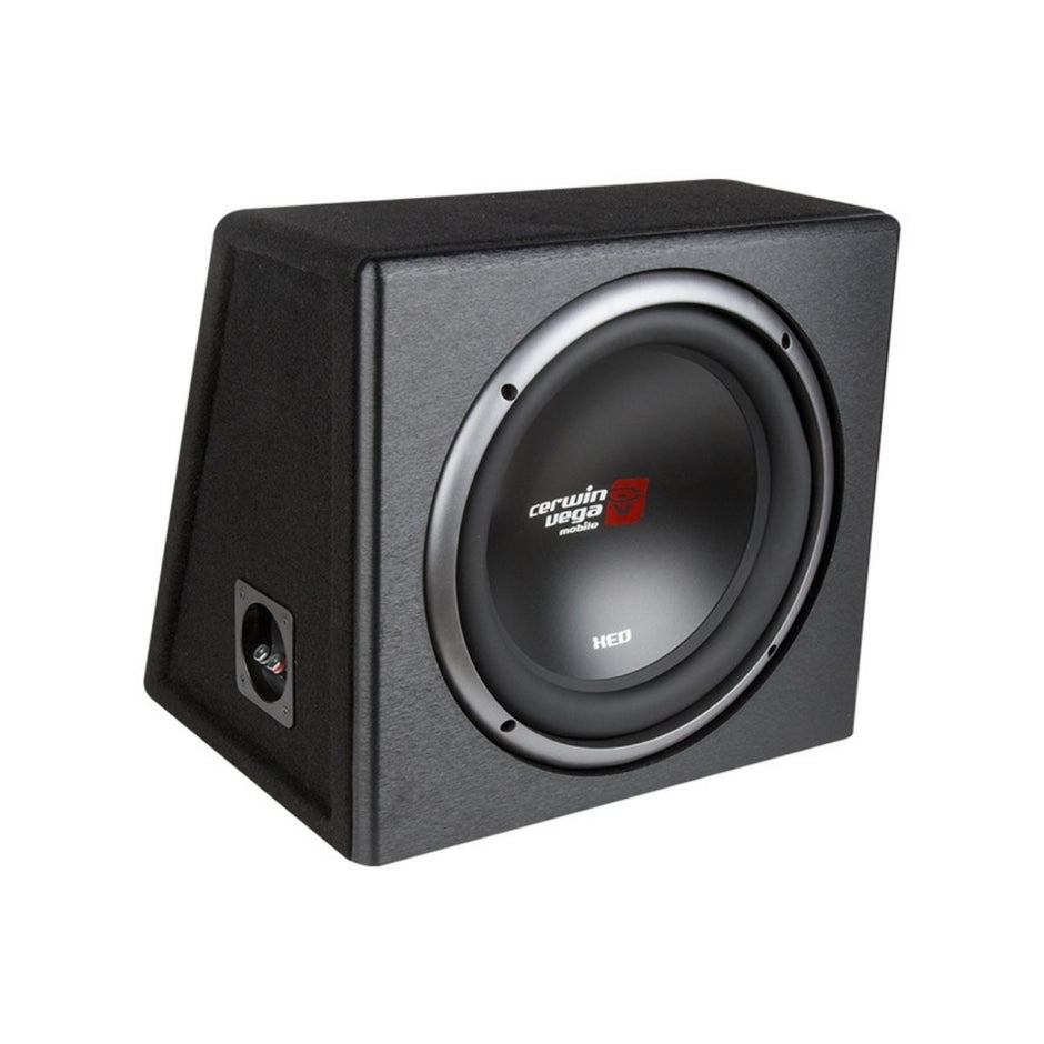 The XED Subwoofer Enclosures feature a black, square, textured housing with a large, round speaker showcasing the Cerwin Vega logo and 