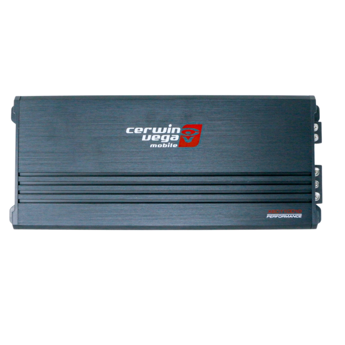 The XED Amplifiers by Cerwin Vega is a rectangular mobile amplifier with a matte black finish. The brand logo is prominently displayed in the upper center, and 