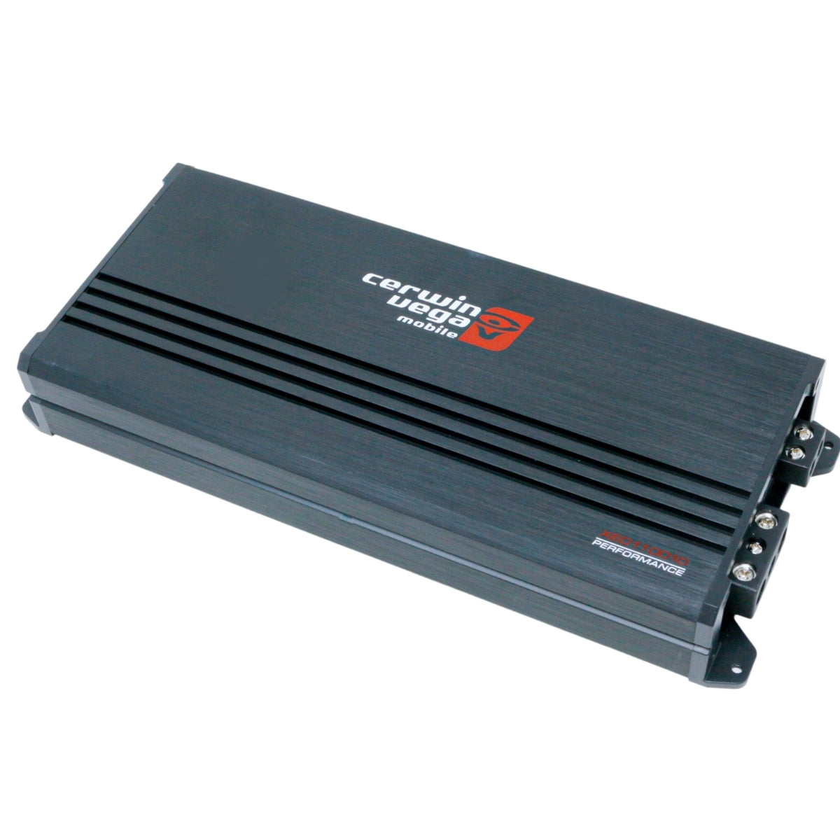 The sleek black XED11001D, a 1-Channel Mono Block Class-D Amplifier from the XED Series, features red and white text. Its rectangular design has vent-like grooves with 