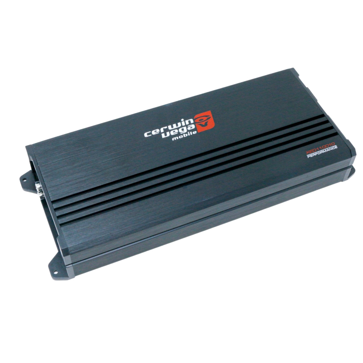 A black rectangular XED Amplifiers car audio device, with the white and red 