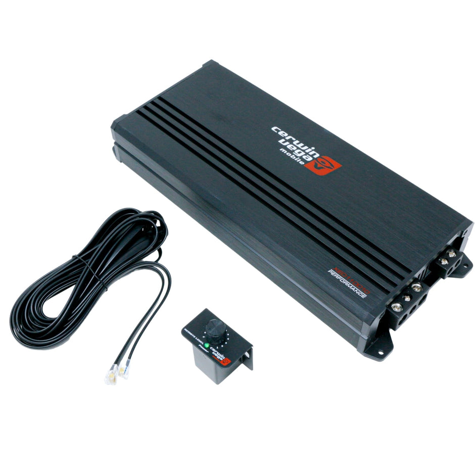 The XED11001D Class-D Mono Amplifier, set on a white background, boasts high-performance car audio quality with a sleek black design, red branding, long cable, and a small control box. It features elegant ridges and visible connectors for advanced functionality.