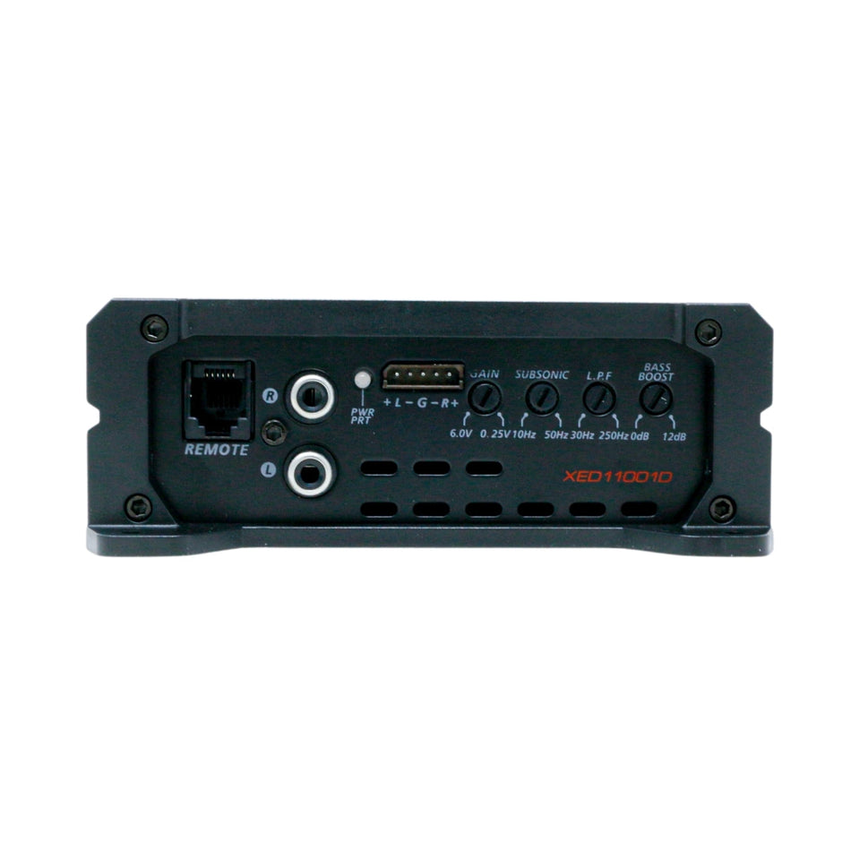 The XED Series 1-Channel Mono Block Class-D Amplifier - XED11001D offers a rugged, compact design with controls and ports like RCA inputs, gain selector, and bass boost. Its black casing with red text highlights its high-performance qualities in the XED Series.