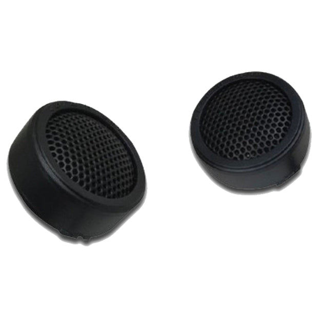 Two round black Tweeters with hexagonal mesh grills on a plain white background, one slightly tilted and positioned higher. They boast a sleek, minimalist design ideal for compact audio setups.