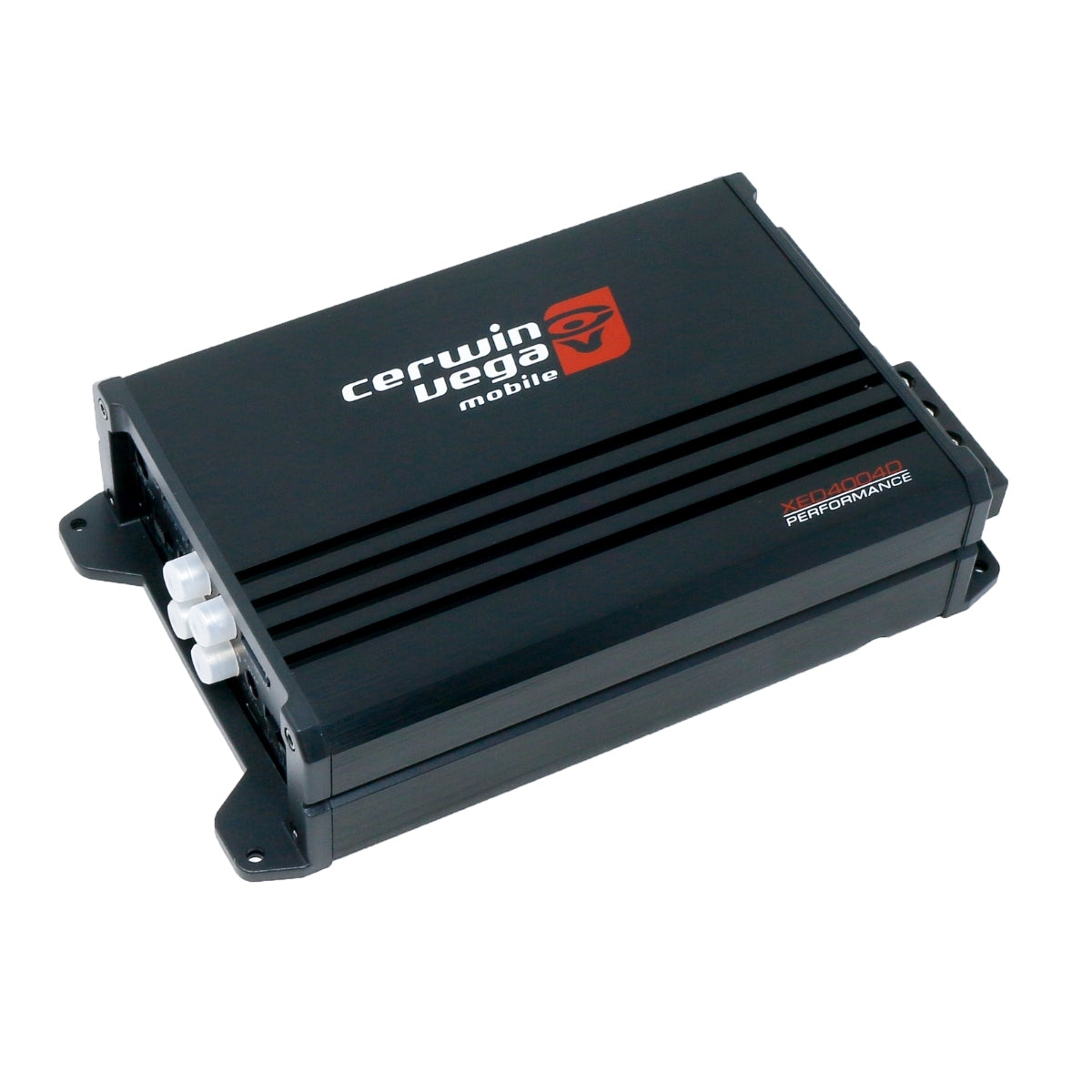 The XED Series 4-Channel Full Range Class-D Amplifier - XED4004D by Cerwin Vega is a black standout in Class D amps, with a red and white logo on top and four horizontal ridges. It displays 