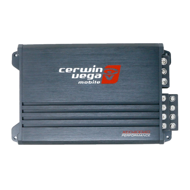 Image of a black XED Series 4-Channel Full Range Class-D Amplifier - XED4004D with the Cerwin Vega logo in white and red. The model name "XED400.4D Performance" is in the bottom right. Ideal for high-power audio systems, it features ribbed detailing and multiple connection ports on the right side.