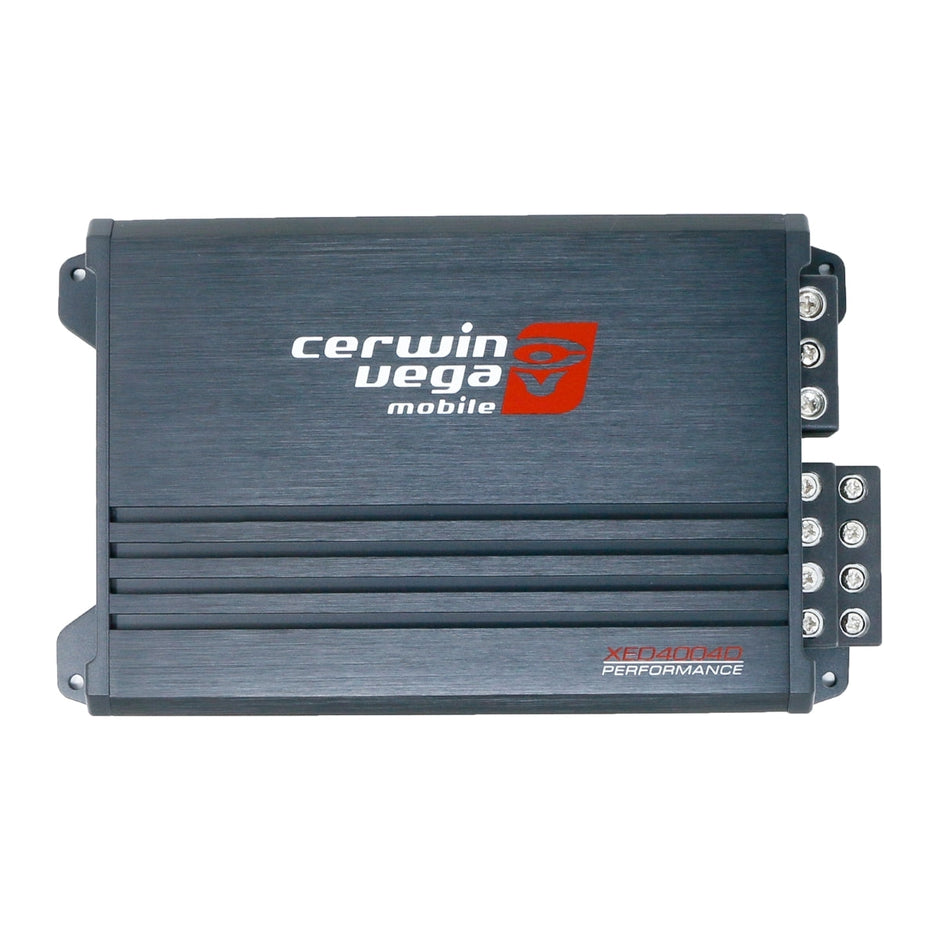Image of a black XED Series 4-Channel Full Range Class-D Amplifier - XED4004D with the Cerwin Vega logo in white and red. The model name "XED400.4D Performance" is in the bottom right. Ideal for high-power audio systems, it features ribbed detailing and multiple connection ports on the right side.