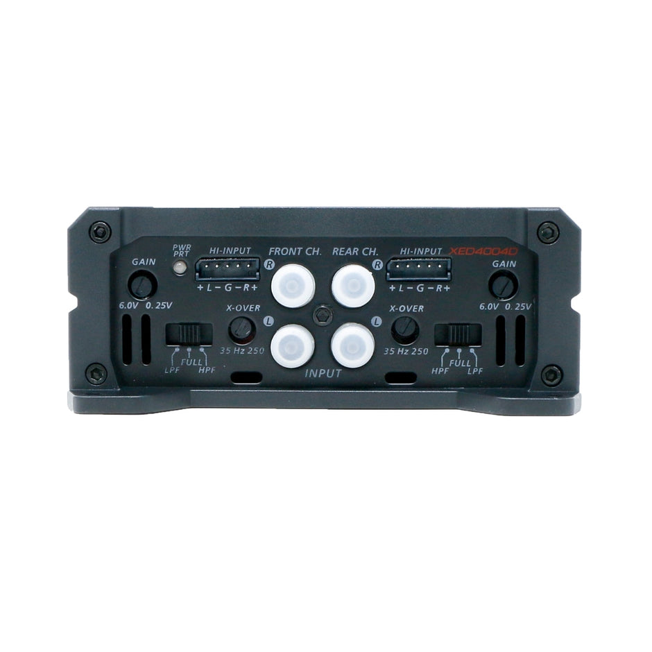 The XED Series 4-Channel Full Range Class-D Amplifier - XED4004D, a notable part of the series, features a sleek black panel with 