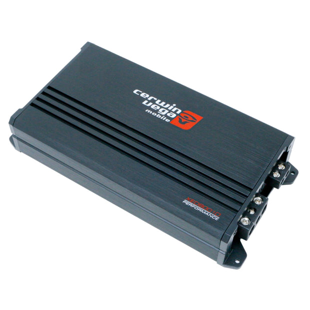 The XED Series Class-D Mono Amplifier 1100W Max - XED8001D features a rectangular black design with the "Cerwin Vega Mobile" logo and red branding. It has a textured metallic surface, three mounting tabs per side, visible connectors on one end, and sleek parallel grooves along its length.