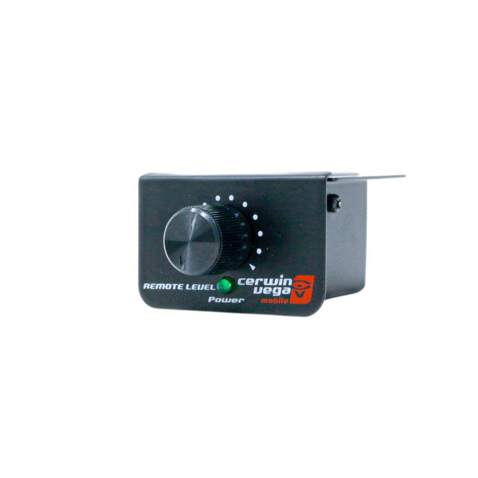 The XED Series Class-D Mono Amplifier 1100W Max - XED8001D features a black remote level control knob with the Cerwin Vega logo in red and white. 