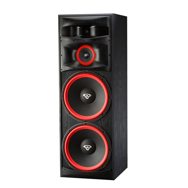 The Cerwin Vega XLS Series Pro/Home Audio speaker is tall, black, and rectangular with wood-grain sides. It has two large red and black woofers featuring a centered brand logo, topped by a smaller circular tweeter within a horn-like casing.