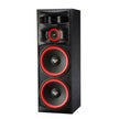 The Cerwin Vega XLS Series Pro/Home Audio speaker is tall, black, and rectangular with wood-grain sides. It has two large red and black woofers featuring a centered brand logo, topped by a smaller circular tweeter within a horn-like casing.