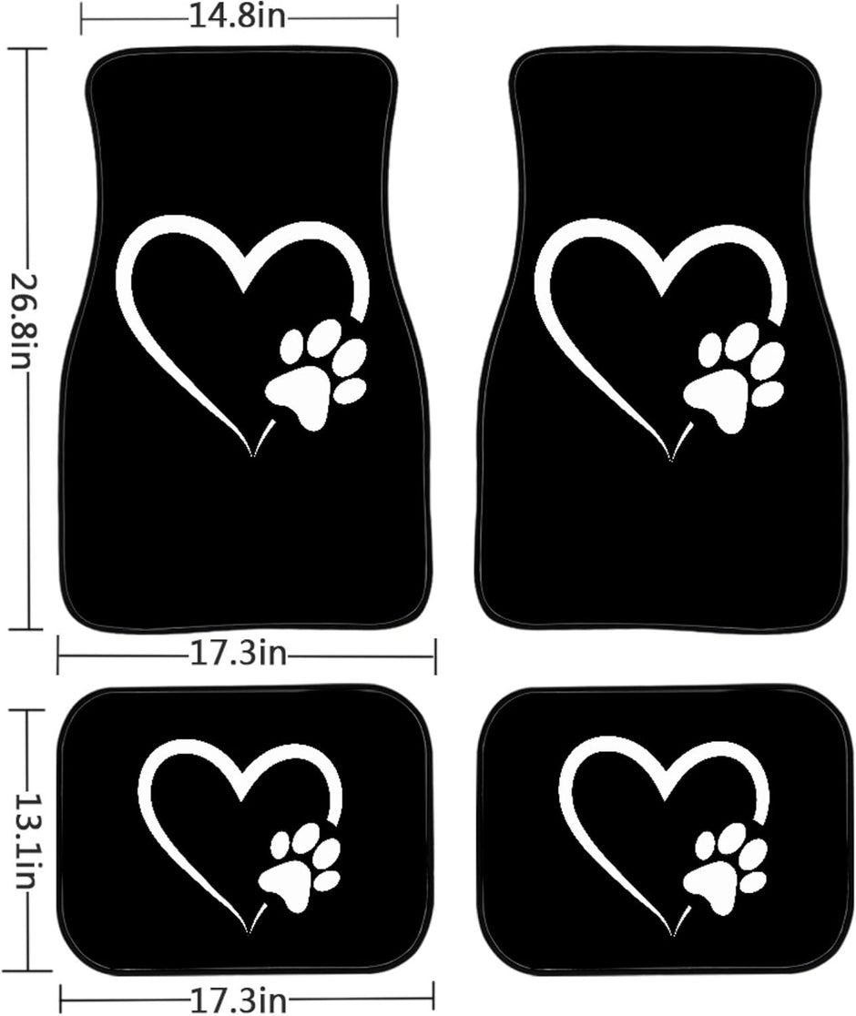 Dog Paw Heart White Car Floor Mats Set of 4 – Universal Fit Front & Rear Seat Mats with Heavy Duty Rubber Backing, Non-Slip Decorative Interior Accessories for Cars, SUVs & Trucks