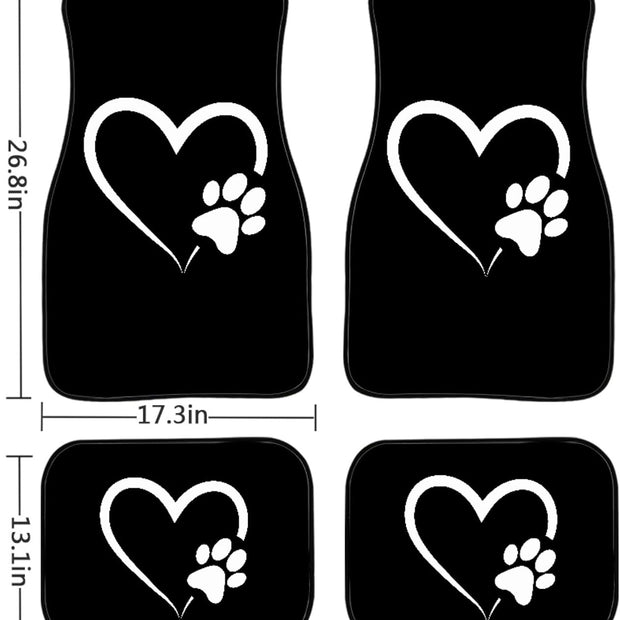 Dog Paw Heart White Car Floor Mats Set of 4 – Universal Fit Front & Rear Seat Mats with Heavy Duty Rubber Backing, Non-Slip Decorative Interior Accessories for Cars, SUVs & Trucks